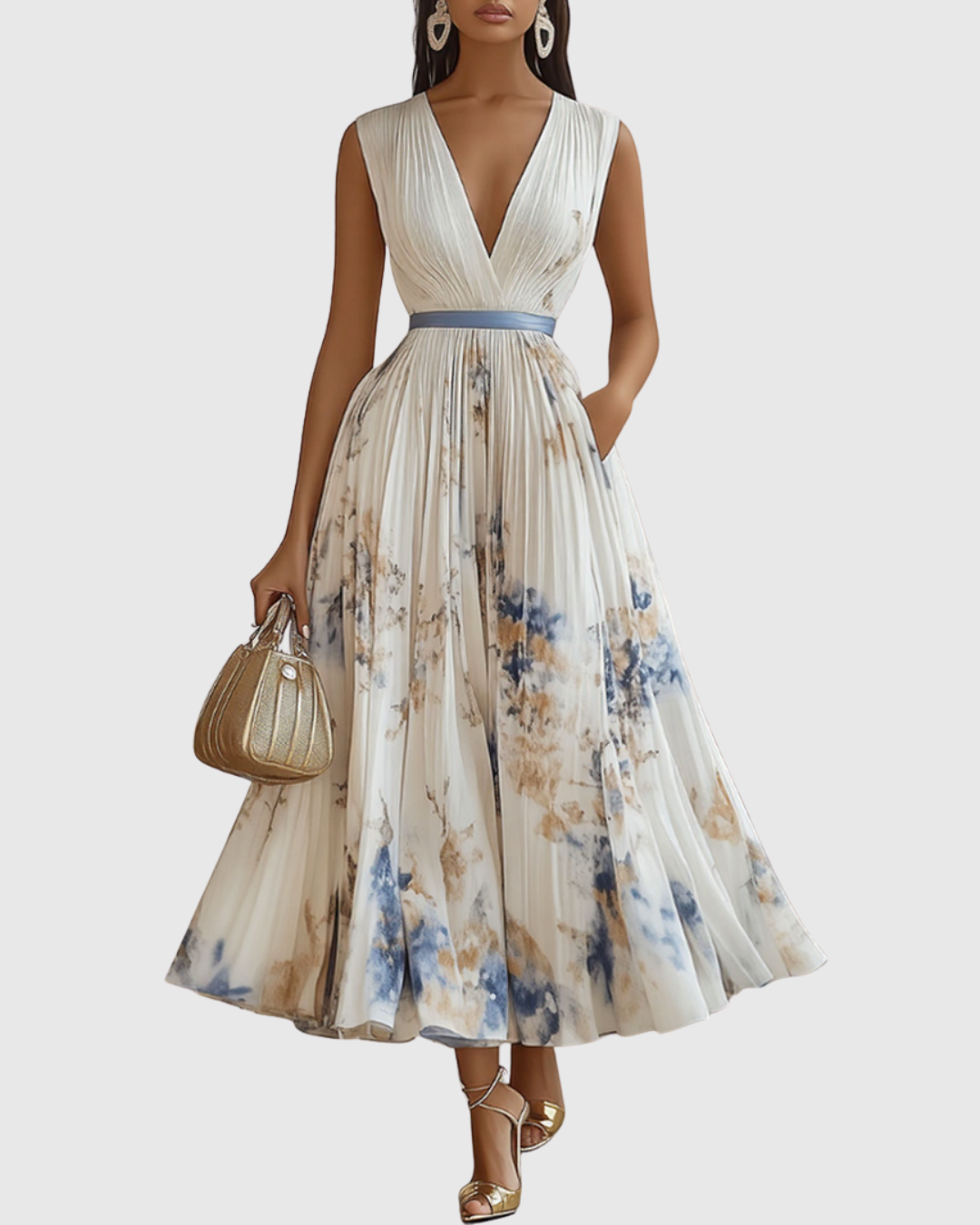 Demelza | Women's Floral Pleated Maxi Dress, V-Neck, Long Sleeves