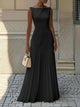 Sleeveless boat-neck maxi dress with fitted bodice and pleated skirt