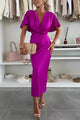 Women's Satin Maxi Dress, V-Neck, Short Sleeves