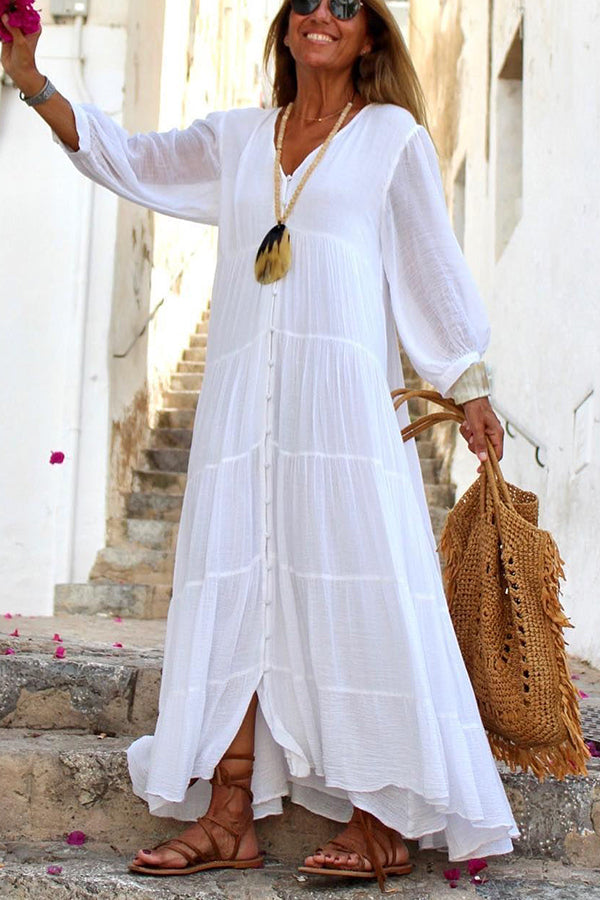 Women's Linen-Blend Tiered Maxi Dress, Round Neck, Long Sleeves
