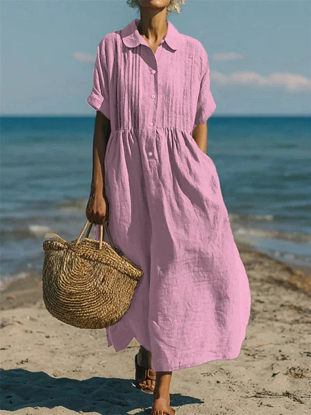 Katriona | Women's Shirt Midi Dress, Collared, Short Sleeves