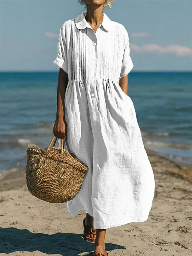 Katriona | Women's Shirt Midi Dress, Collared, Short Sleeves