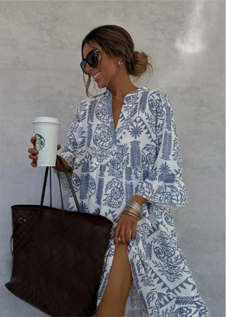 Fortunata printed shirt midi dress, collared, long sleeves