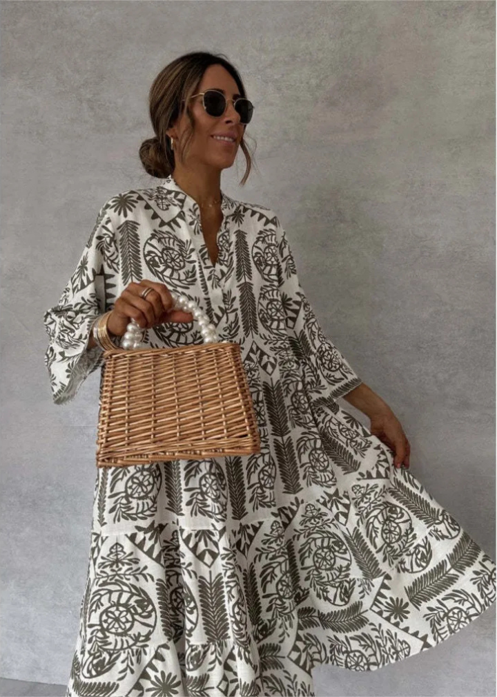 Fortunata printed shirt midi dress, collared, long sleeves