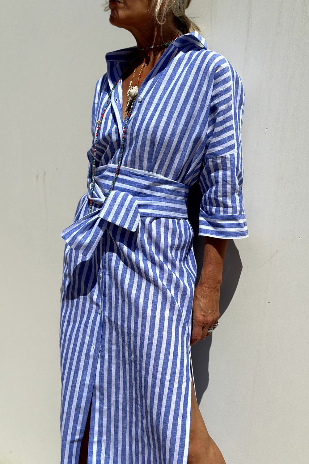 Florence | Women's Striped Shirt Midi Dress, Collared, Short Sleeves