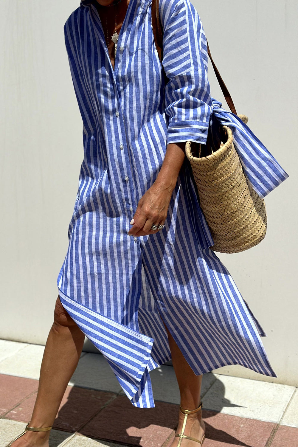 Florence | Women's Striped Shirt Midi Dress, Collared, Short Sleeves