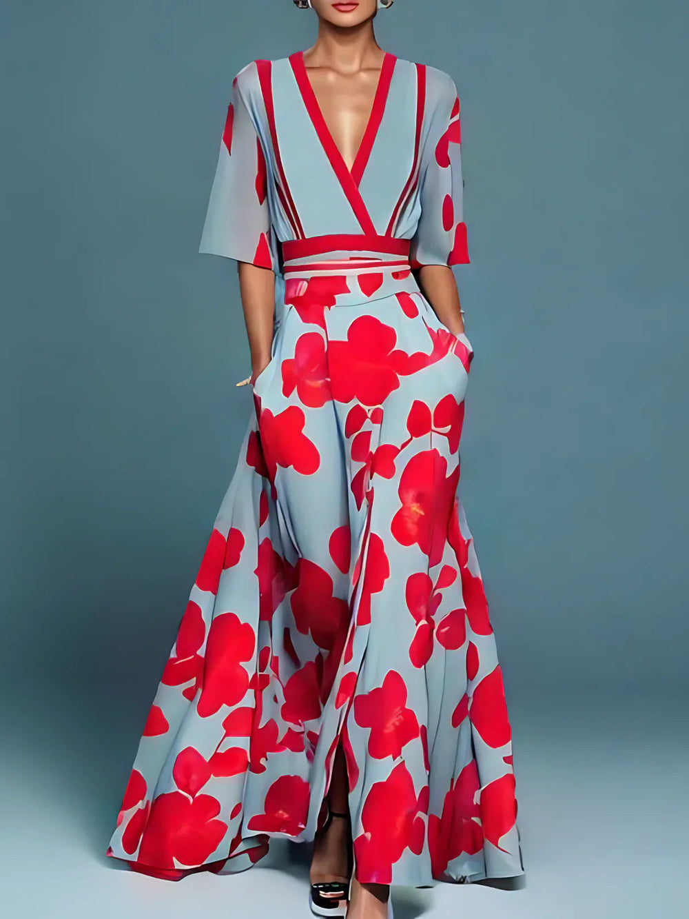 Maud | Women's Floral Maxi Dress, V-Neck, Three-Quarter Sleeves