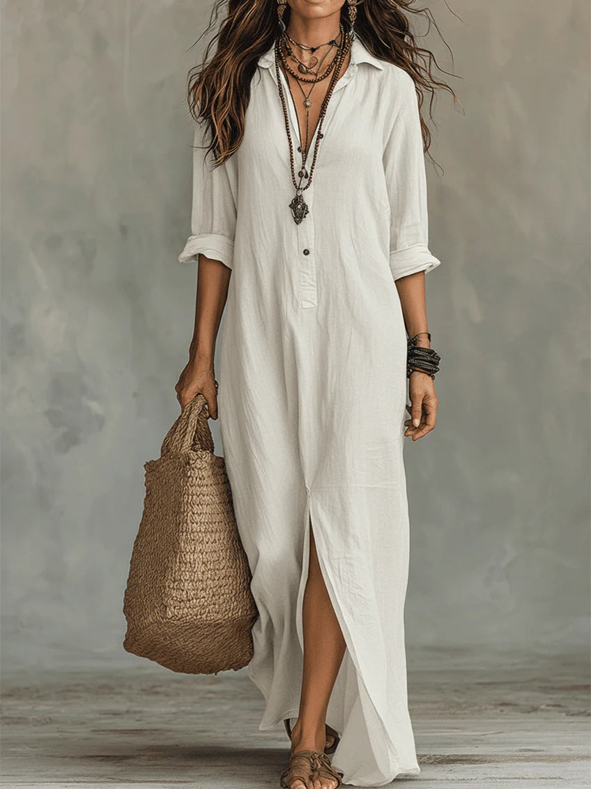 Oceane | Women's Shirt Maxi Dress, Collared, Short Sleeves
