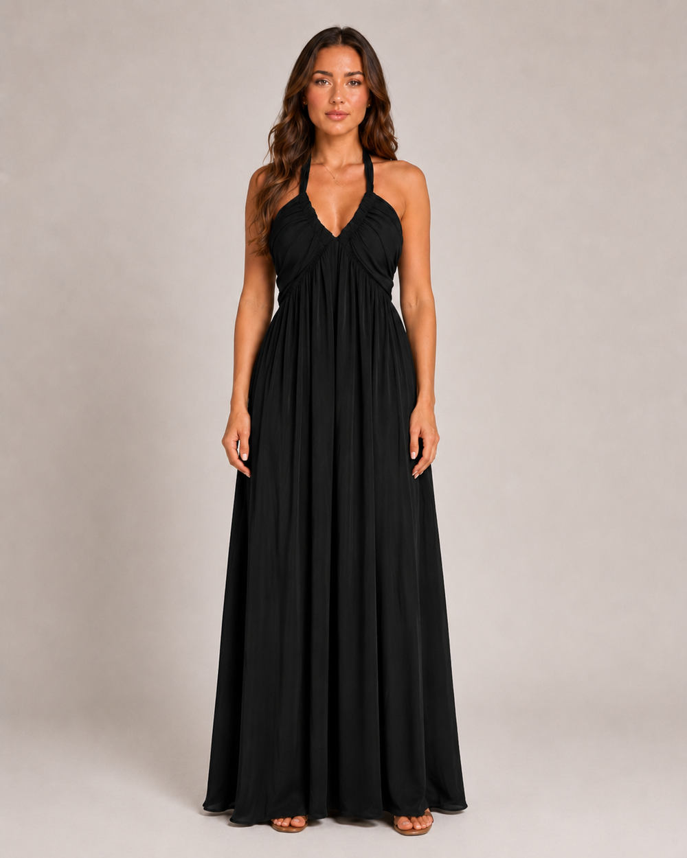 Women's Halter Maxi Dress, Deep V-Neck, Open Back