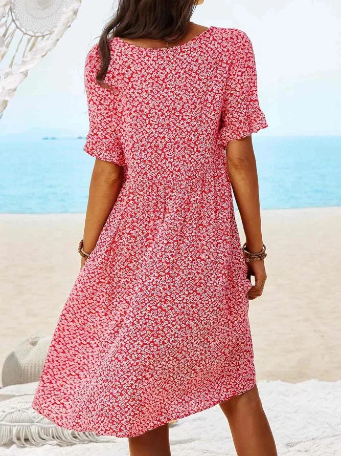 Elettra floral a-line midi dress, round neck, flutter sleeves