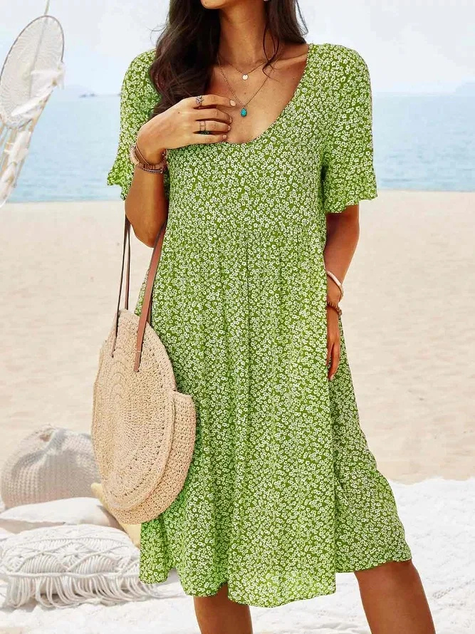 Elettra floral a-line midi dress, round neck, flutter sleeves