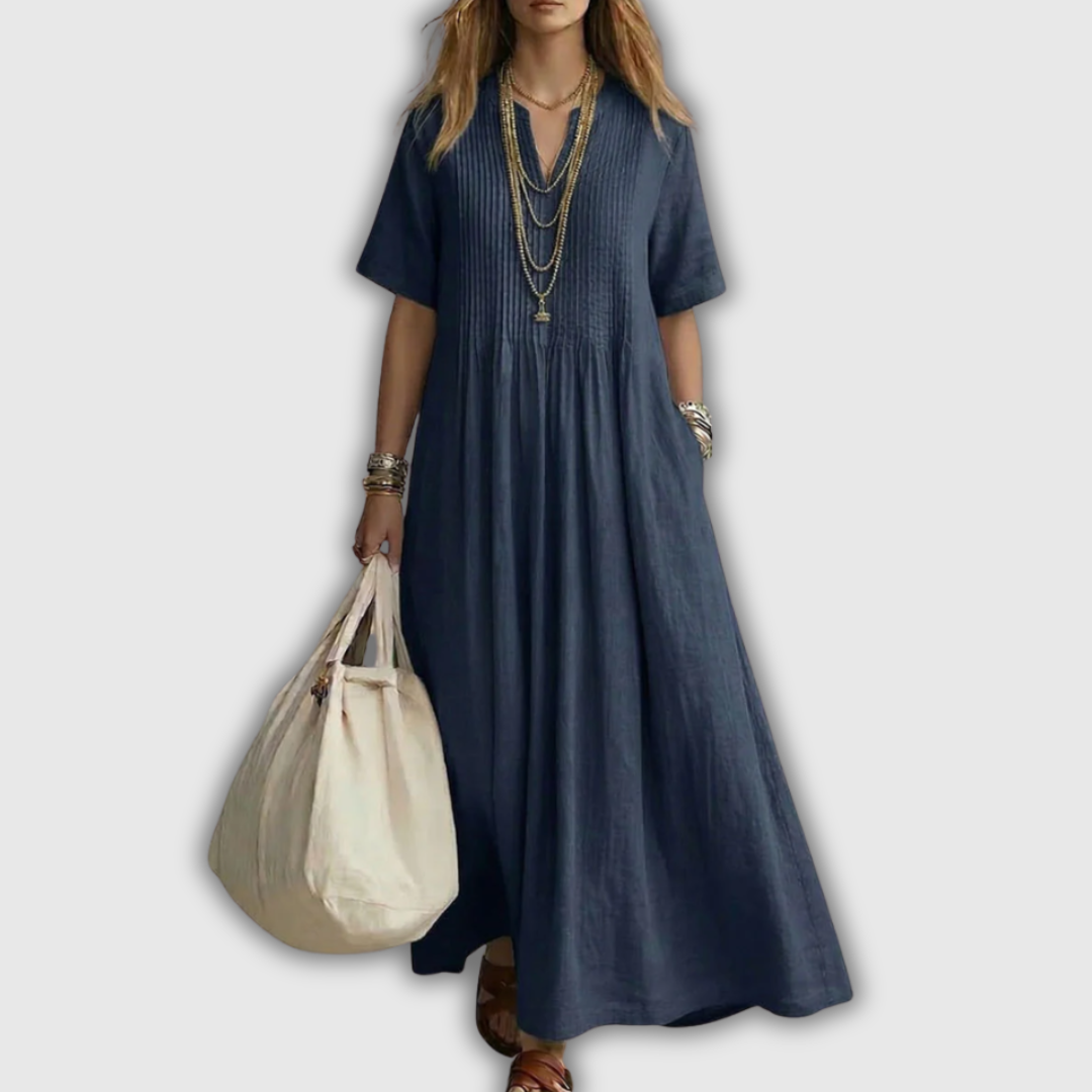 Women's pintuck V-neck maxi dress with short sleeves and gathered skirt