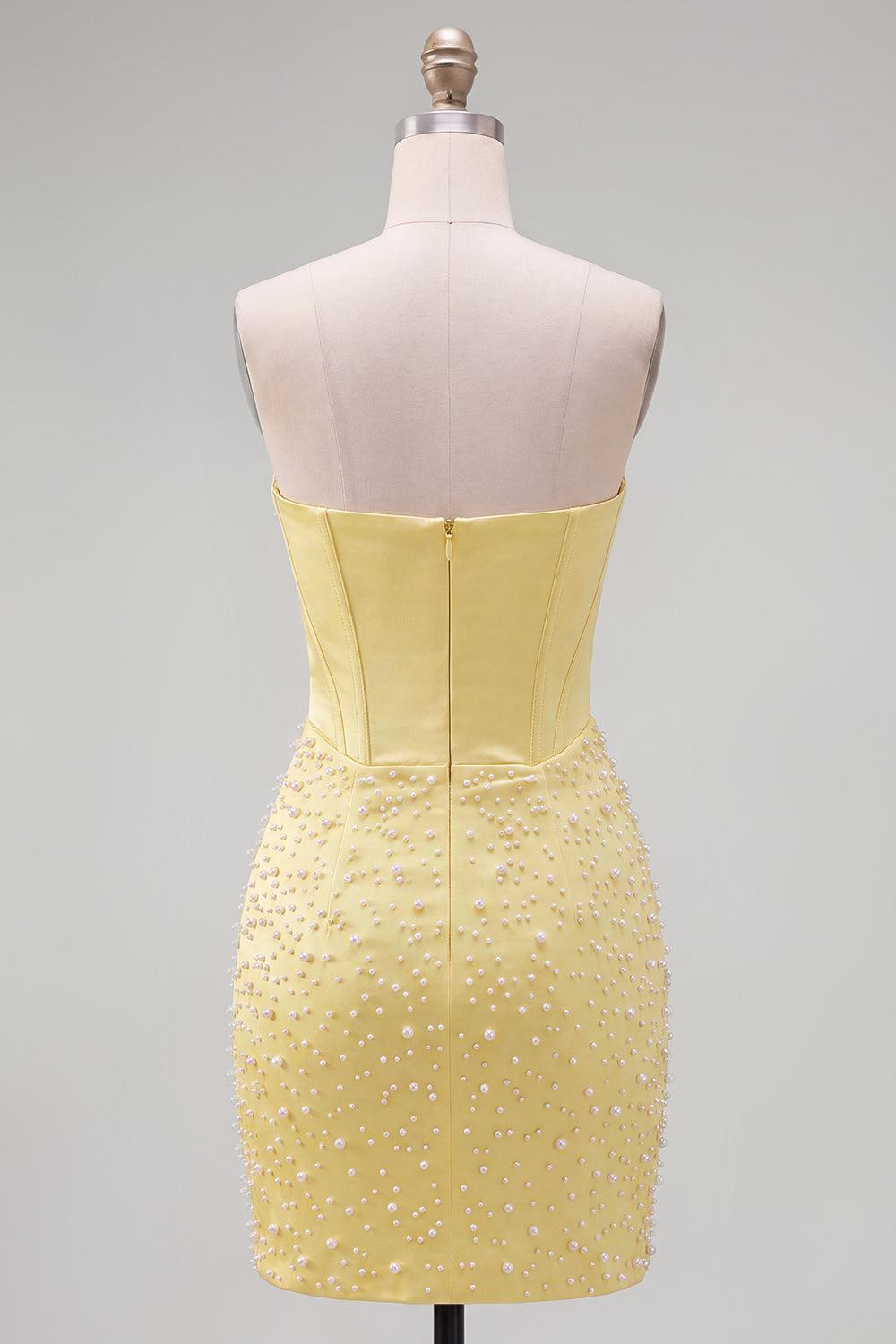 Marlene | Women's Yellow Strapless Beaded Tight Short Corset Homecoming Dress