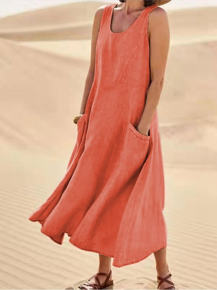 Bellamy | Women's Midi Dress, Scoop Neck, Sleeveless, Pockets