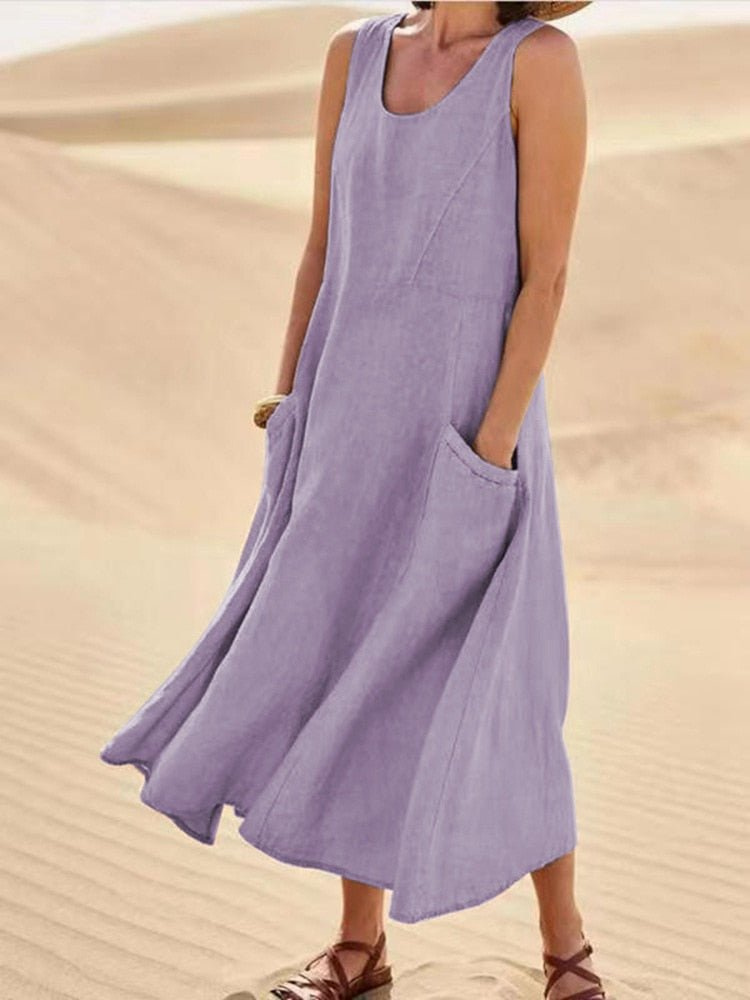 Bellamy | Women's Midi Dress, Scoop Neck, Sleeveless, Pockets