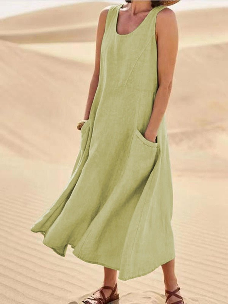 Bellamy | Women's Midi Dress, Scoop Neck, Sleeveless, Pockets