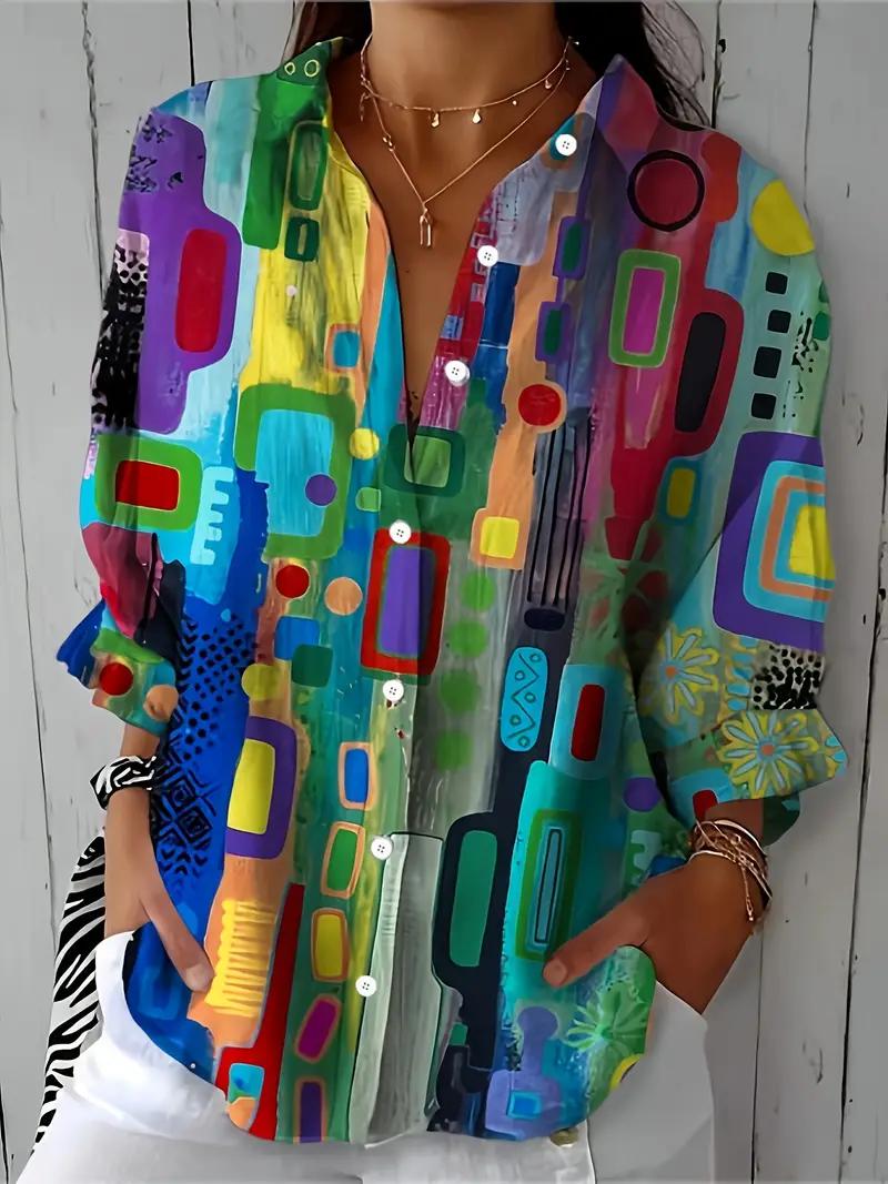 Women's multicolor abstract button blouse with collar and long sleeves