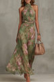 Women's green floral halter maxi dress with ruched waist