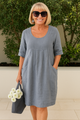 Maelys | Women's Pleated Midi Dress, Round Neck, Three-Quarter Sleeves, Pockets