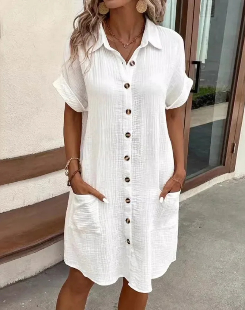 Corinne | Women's Shirt Midi Dress, Collared, Short Sleeves