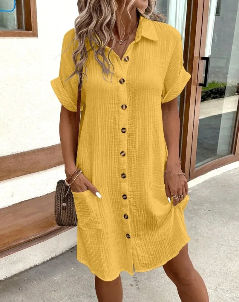 Corinne | Women's Shirt Midi Dress, Collared, Short Sleeves