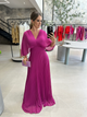 Women's Yellow Pleated Maxi Dress, Round Neck, Short Sleeves