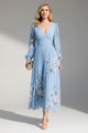 Women's floral V-neck midi dress with long sleeves and pleated skirt