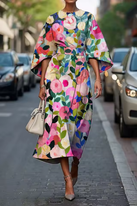 Damaris | Women's Floral Midi Dress, Round Neck, Short Sleeves