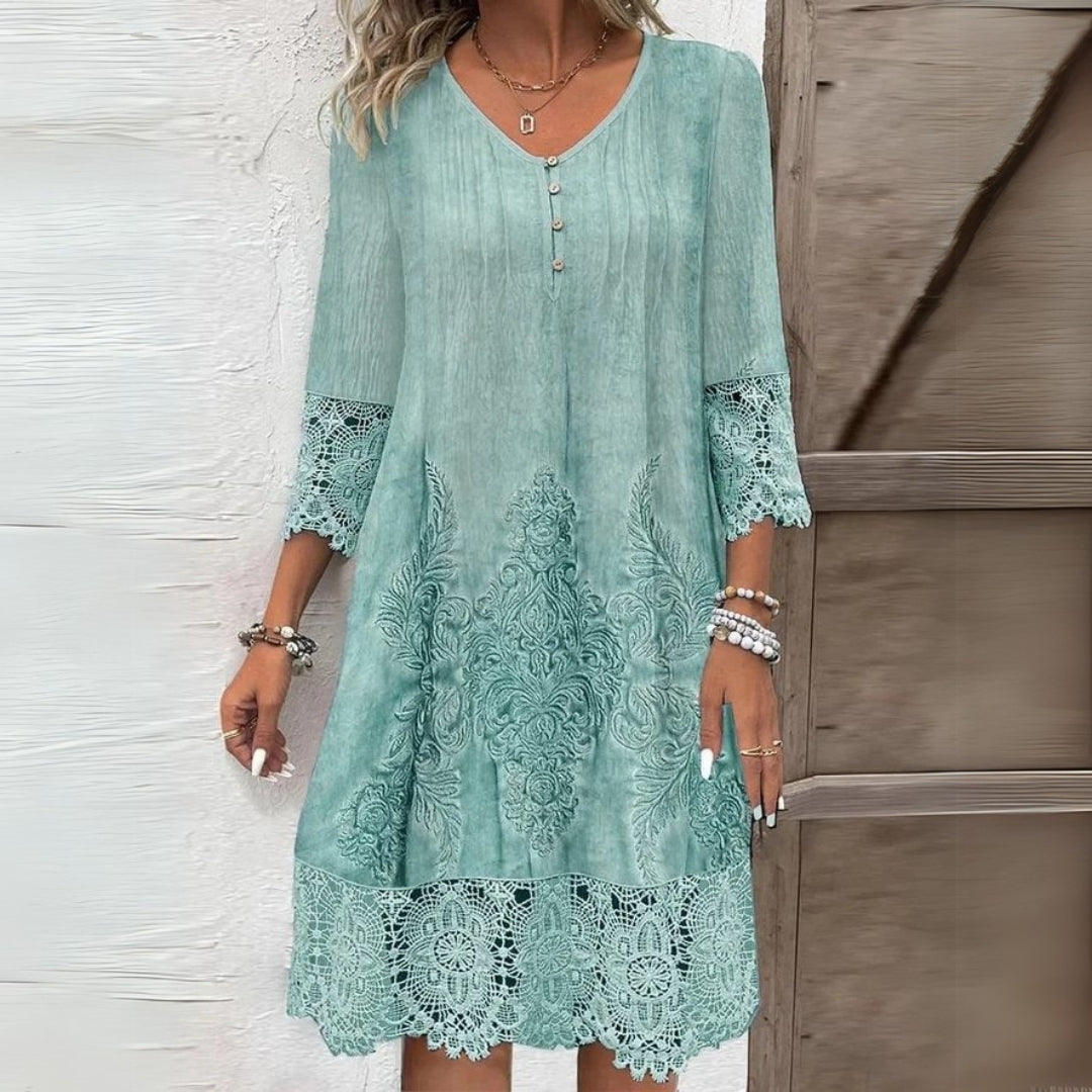Pandora | Women's Embroidered Midi Dress, V-Neck, Short Sleeves