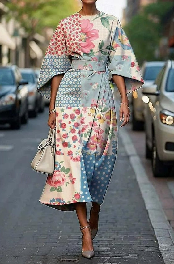 Oriel | Women's Floral Midi Dress, Round Neck, Kimono Sleeves