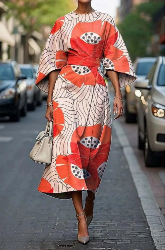 Oriel | Women's Floral Midi Dress, Round Neck, Kimono Sleeves