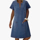 Women's blue short sleeve denim-style midi dress with patch pockets