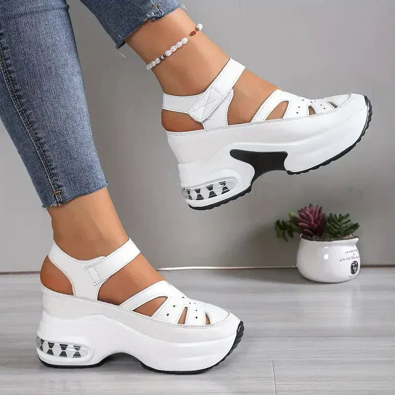 Women's platform sandals with ankle straps and cutout toe detailing
