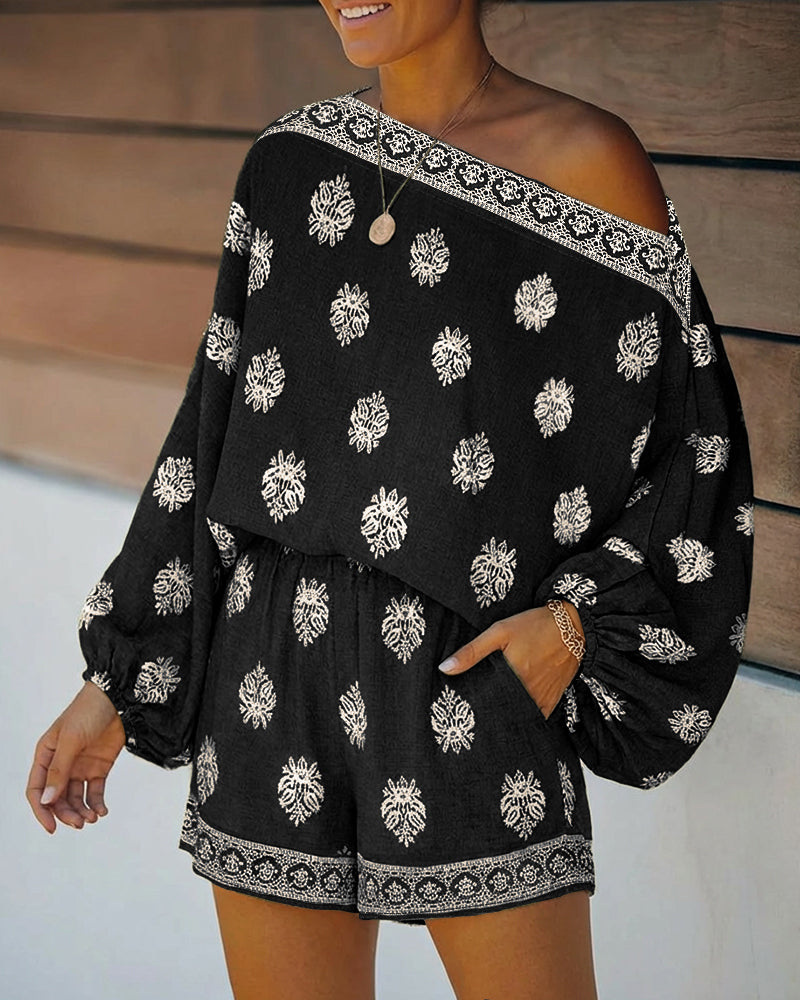 Fleurine | Women's Two-Piece Shorts Set, Skew Neck, Lantern Sleeves, Elastic Waist