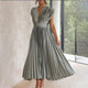 Verena | Women's Pleated Midi Dress, V-Neck, Short Sleeves