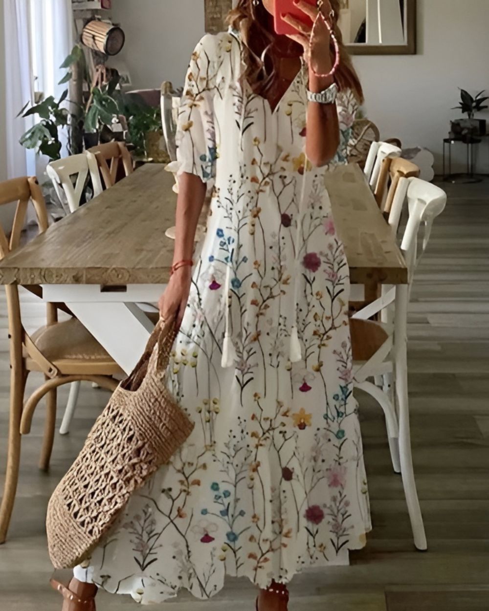 Ingrid | Women's Ikat Maxi Dress, Round Neck, Short Sleeves