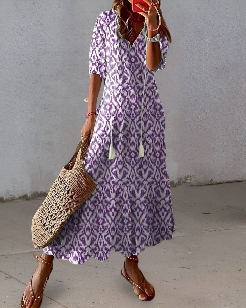 Ingrid | Women's Ikat Maxi Dress, Round Neck, Short Sleeves