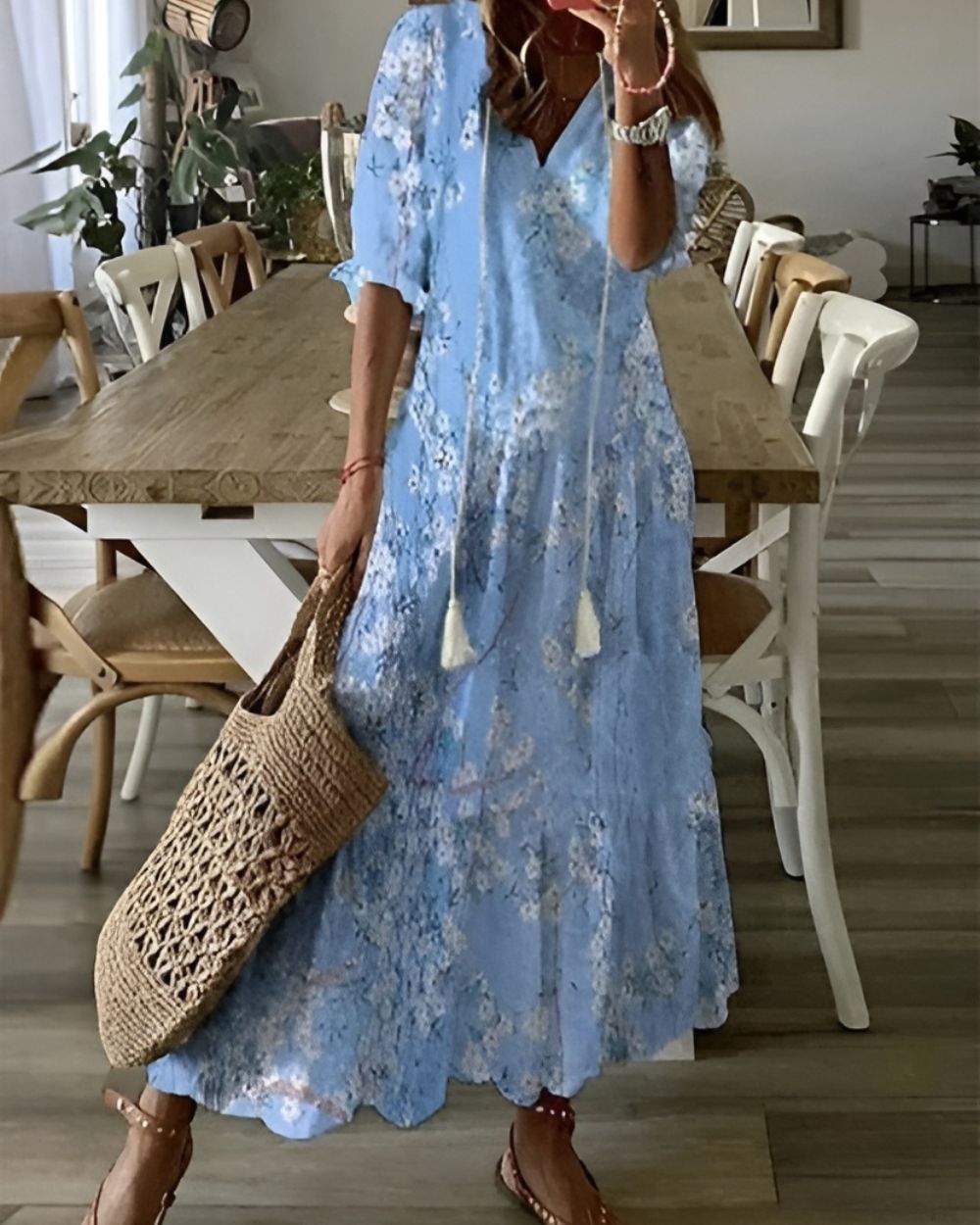 Ingrid | Women's Ikat Maxi Dress, Round Neck, Short Sleeves