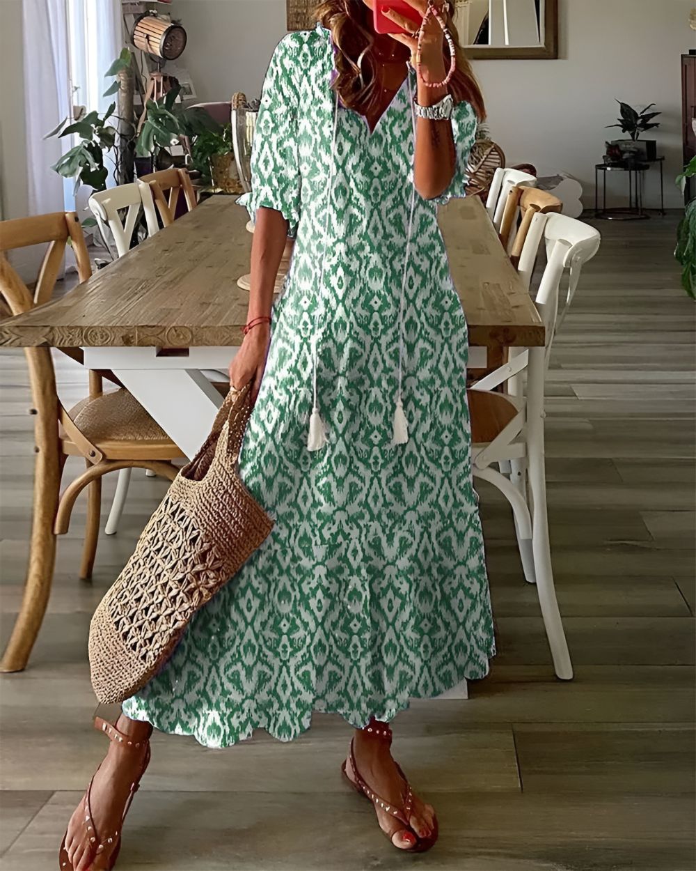 Ingrid | Women's Ikat Maxi Dress, Round Neck, Short Sleeves