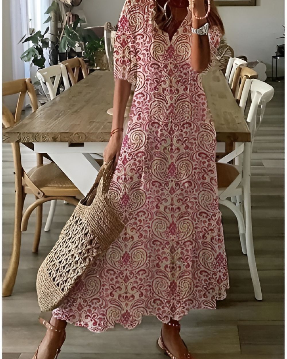 Ingrid | Women's Ikat Maxi Dress, Round Neck, Short Sleeves