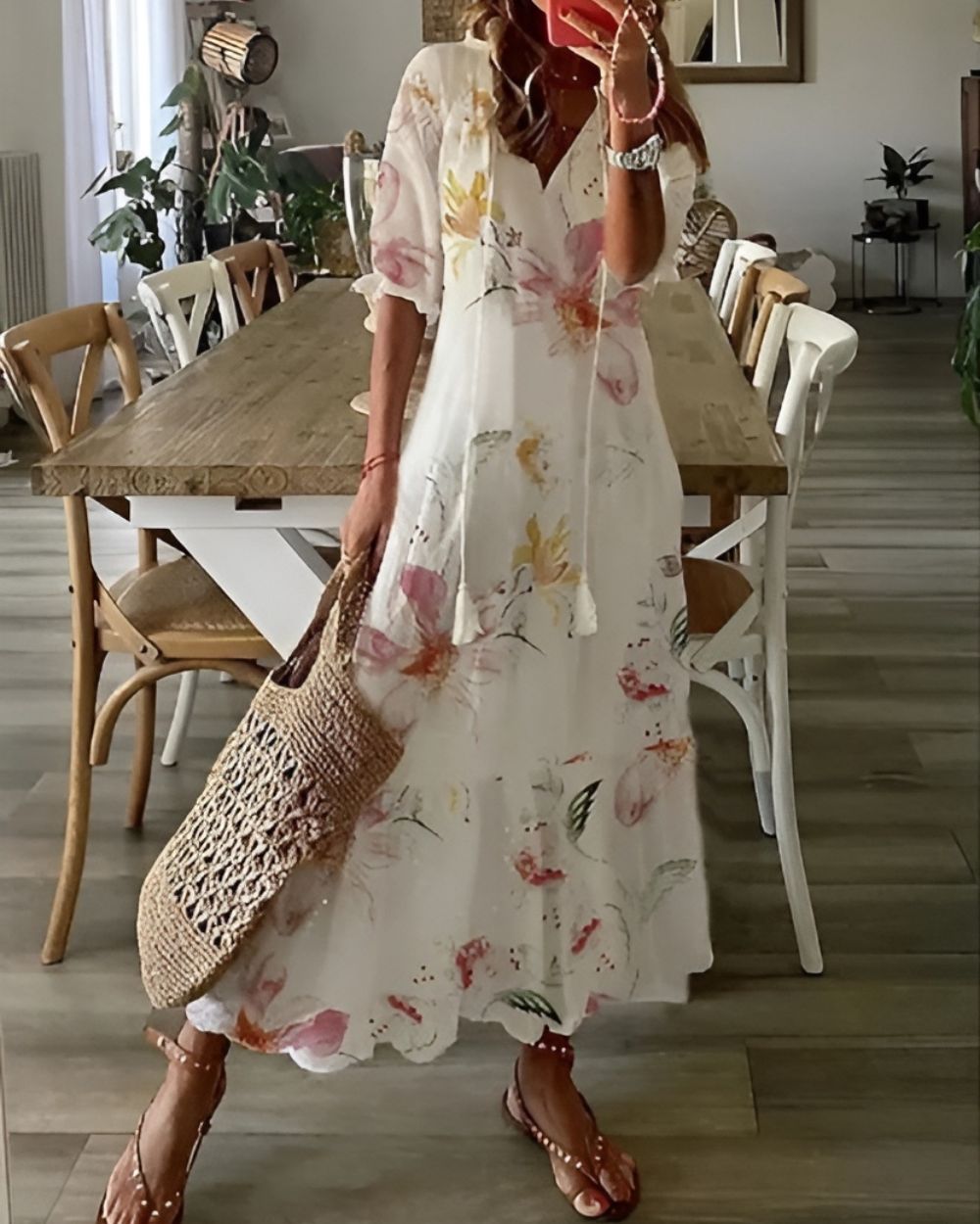Ingrid | Women's Ikat Maxi Dress, Round Neck, Short Sleeves