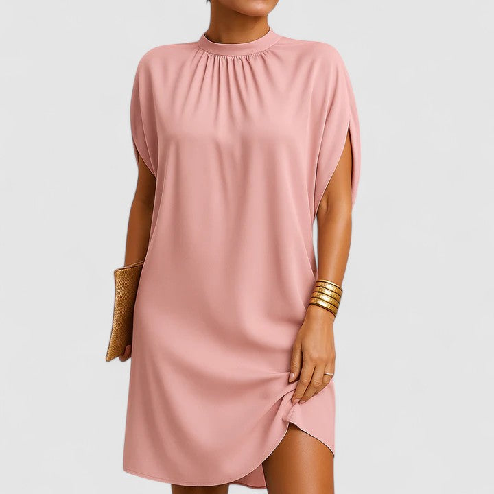 Odette | Women's Ruched Midi Dress, Round Neck, Long Sleeves