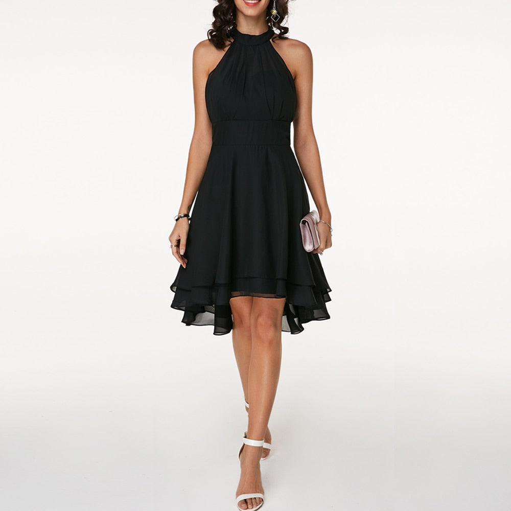 Magdalen | Women's A-Line Midi Dress, Halter Neck, Short Sleeves
