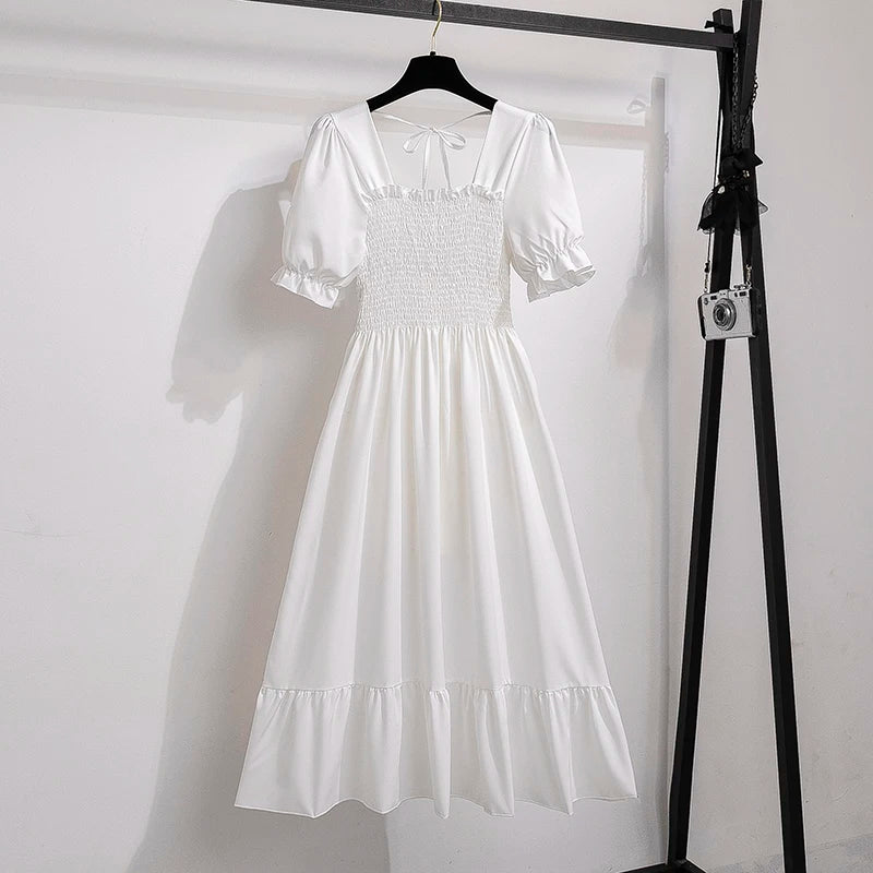 Rosaria smocked floral midi dress with puff sleeves in white