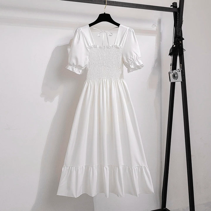 Rosaria smocked floral midi dress with puff sleeves in white