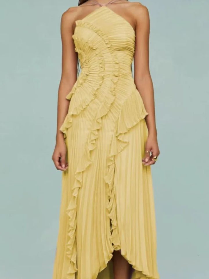Sybil pleated ruffle halter maxi dress in yellow
