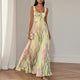 Women's floral square-neck A-line maxi dress with pleated skirt