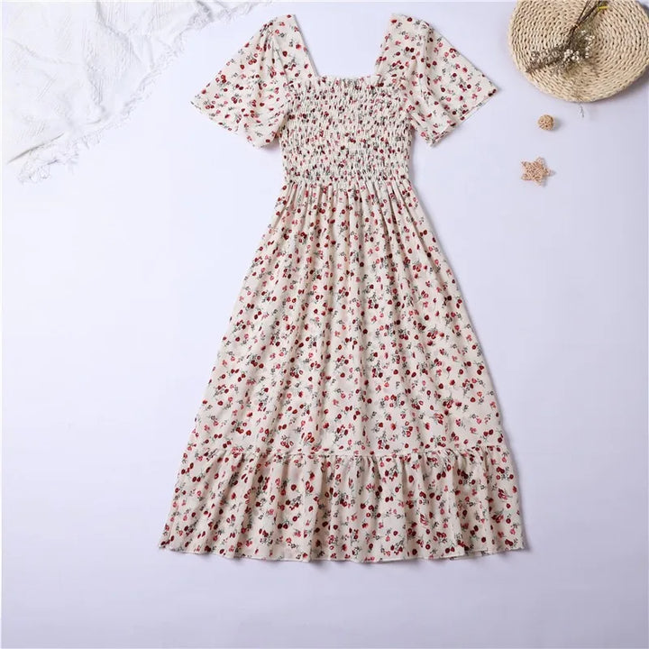 Thea smocked floral midi dress with flutter sleeves