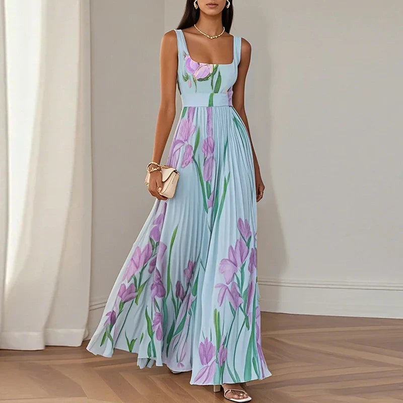 Serilda | Women's Floral Maxi Dress, Round Neck, Short Sleeves