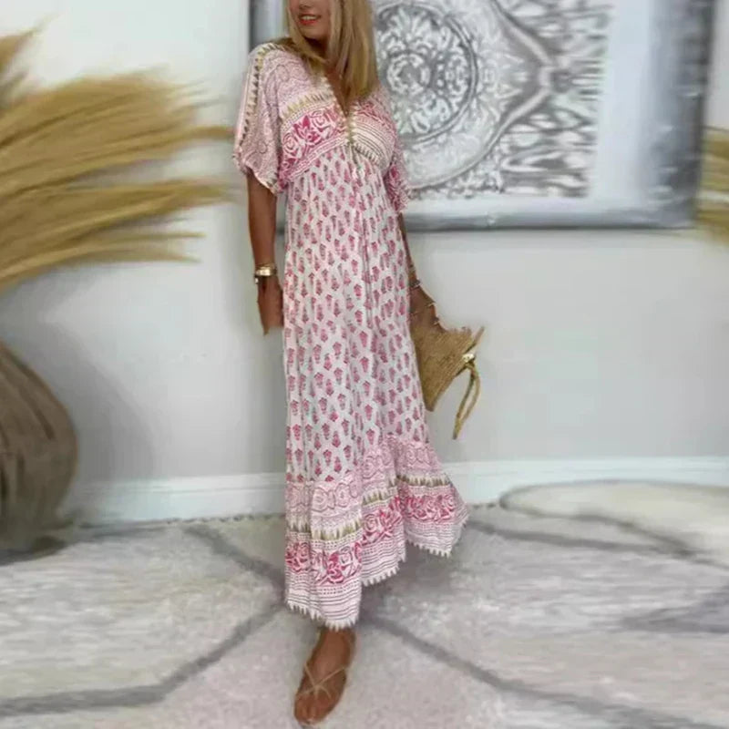 Eleonora bohemian maxi dress, round neck, short sleeves